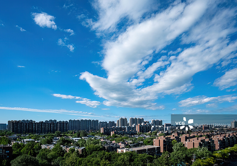 夏天北京市海淀区清河街道西二旗上空：蓝天上犹如鲲鹏展翅的白云图片素材