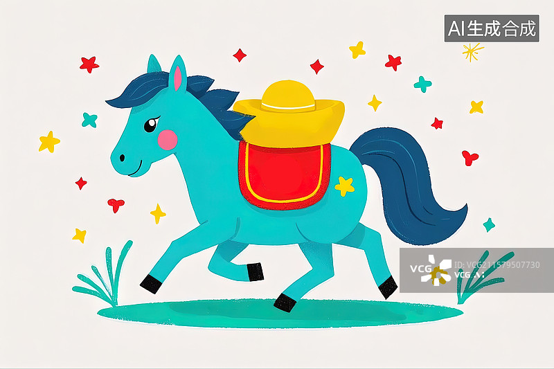 【AI数字艺术】拉着元宝的可爱小马扁平卡通插画图片素材