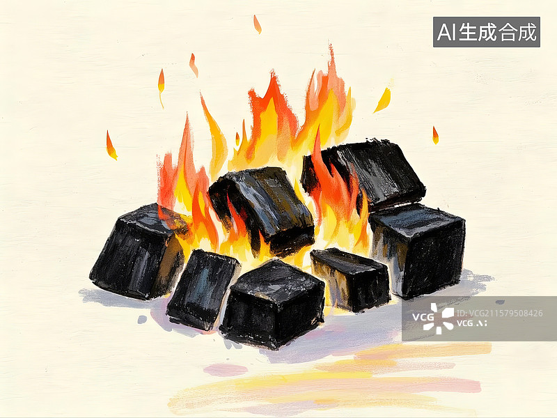 【AI数字艺术】燃烧的煤块彩铅插画图片素材