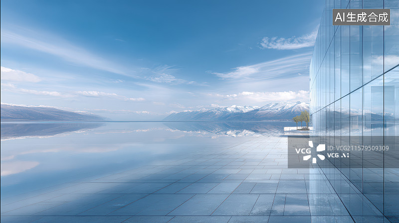 【AI数字艺术】现代建筑与湖光山色的和谐相融图片素材