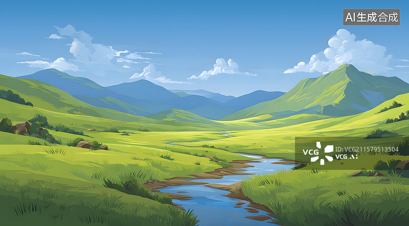 【AI数字艺术】山峦河流的田园风光图片素材