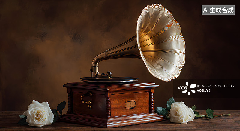 【AI数字艺术】老式留声机与白玫瑰图片素材