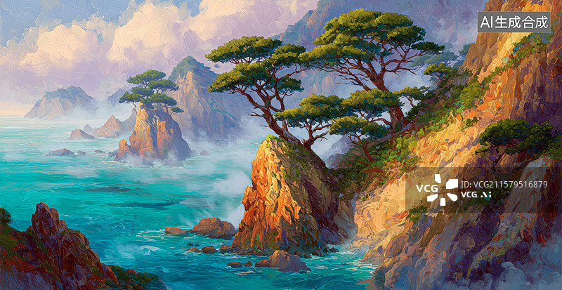 【AI数字艺术】海岸松树风景画图片素材