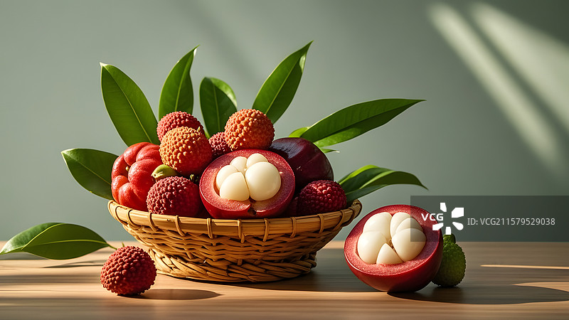木质台面上篮子里的多种水果图片素材