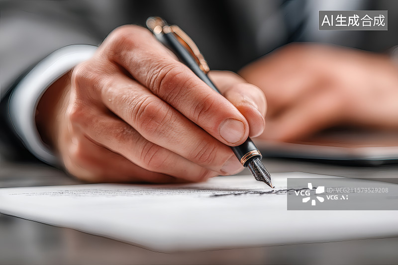 【AI数字艺术】桌面上一名男子在拿着钢笔签合同图片素材
