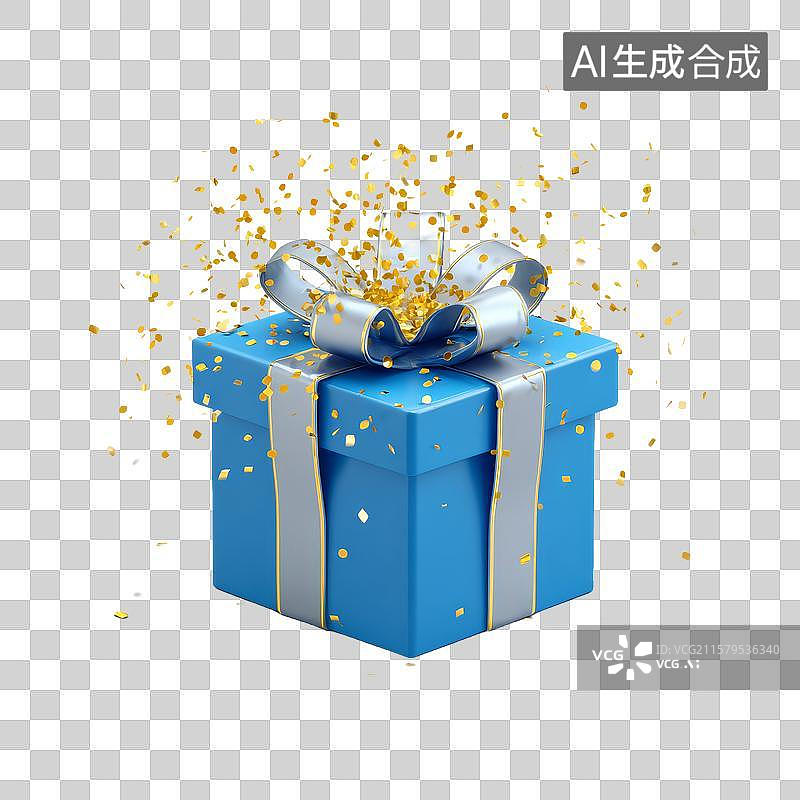 【AI数字艺术】蓝色礼盒配银色丝带，金色纸屑飞溅图片素材