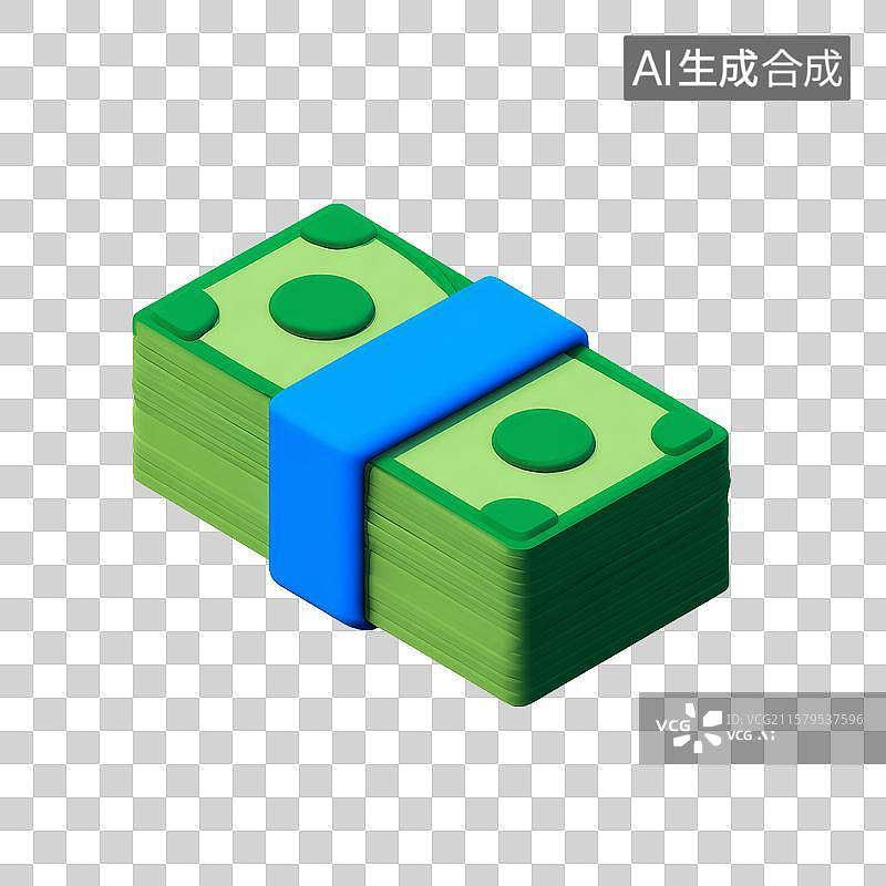 【AI数字艺术】绿色纸币堆叠，蓝色橡皮筋捆绑图片素材