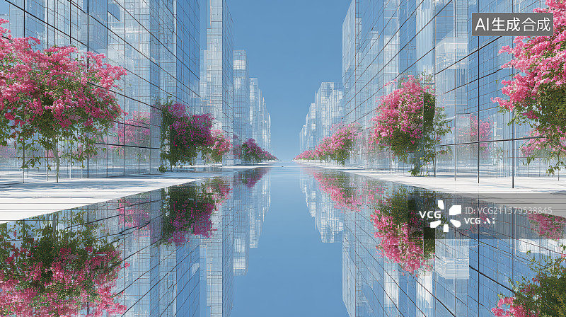 【AI数字艺术】镜像都市：未来建筑与自然的对称诗意图片素材