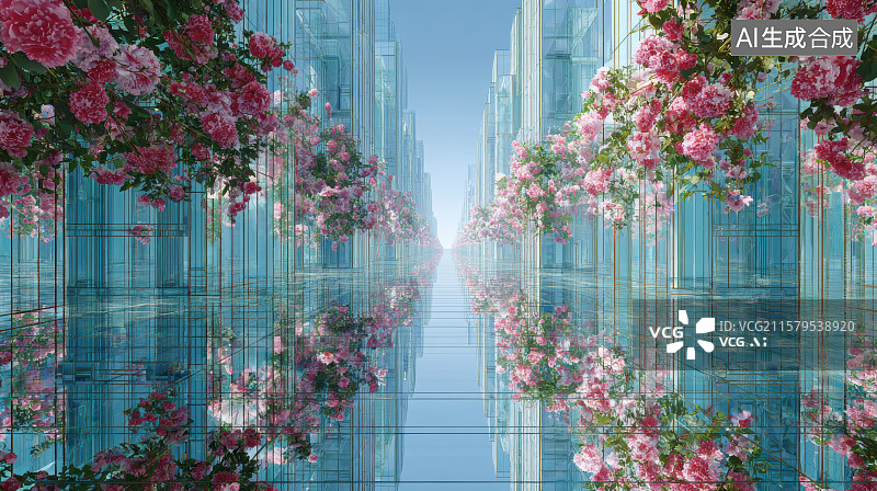 【AI数字艺术】镜像都市：未来建筑与自然的对称诗意图片素材