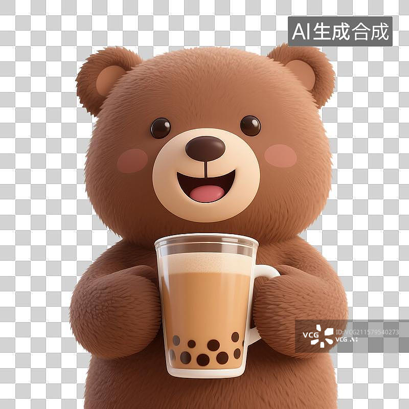 【AI数字艺术】3D渲染可爱的卡通动物，小熊手里拿着一杯奶茶，美食，食品，甜点心，免抠元素图片素材