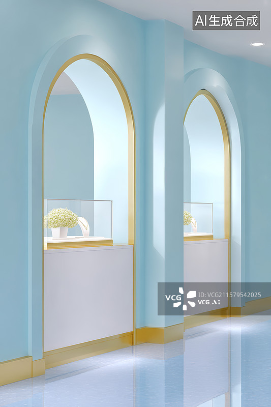 【AI数字艺术】蓝色墙壁拱形展柜展示珠宝首饰图片素材