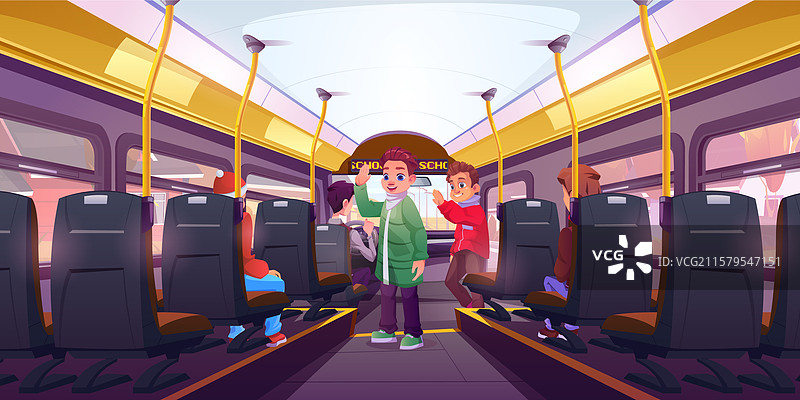 男孩在校车过道里挥手图片素材