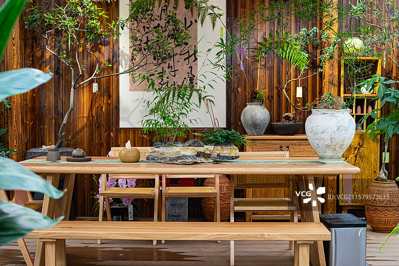 中国健康生活方式拍摄主题，室内空间里的木制桌子椅子和架子上的盆栽植物，户外白昼无人图像摄影图片素材