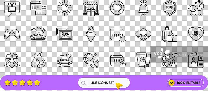 太阳、护照和日历的线条图标，用于网页应用程序图片素材