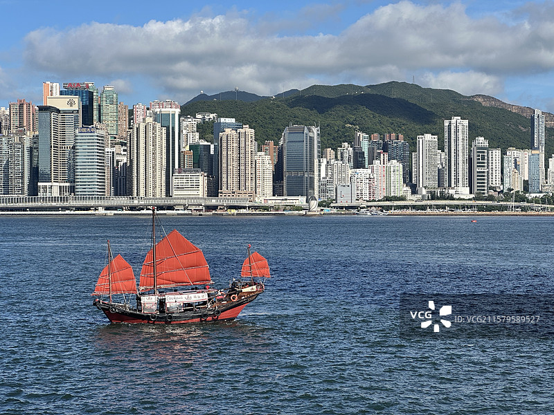 香港维多利亚港天际线与鸭灵号Dukling图片素材