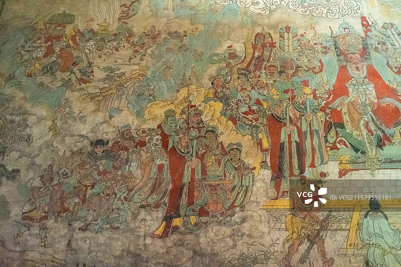 中国山西临汾洪洞县广胜寺下寺旅游景区，水神庙明应王殿内求雨图和龙王降雨图元代壁画，室内人像图像摄影图片素材