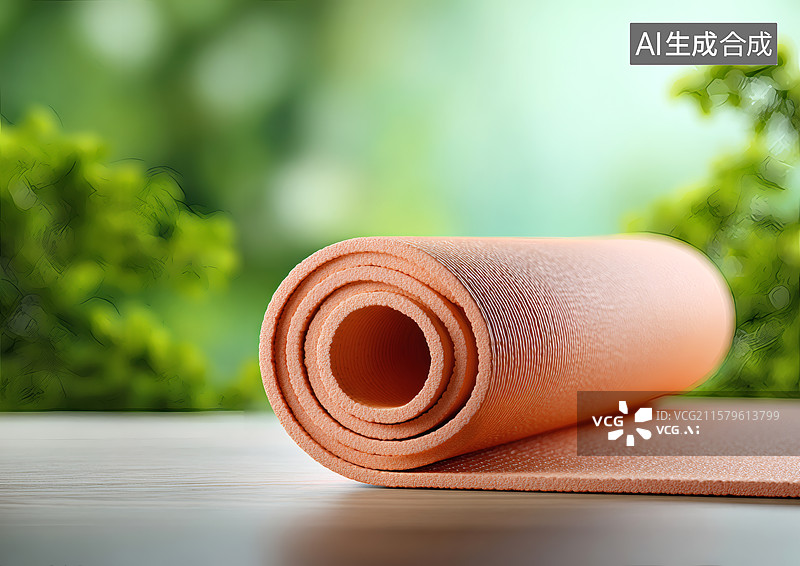 【AI数字艺术】木地板上一块粉红色的瑜伽垫图片素材