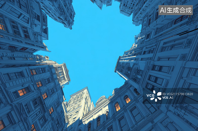【AI数字艺术】仰视高楼间的蓝天图片素材