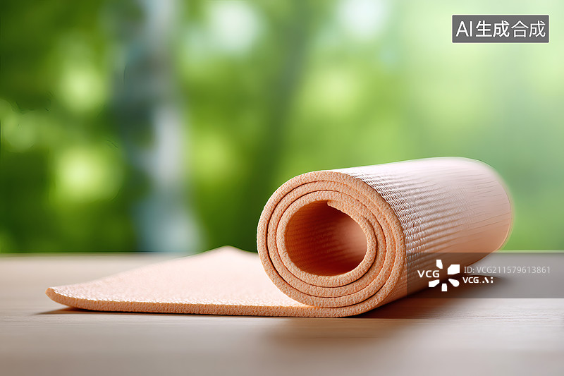 【AI数字艺术】木地板上一块粉红色的瑜伽垫图片素材