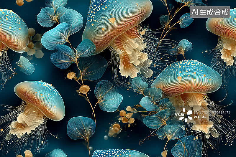 【AI数字艺术】蓝色的海洋水母插画无缝图案背景图片素材