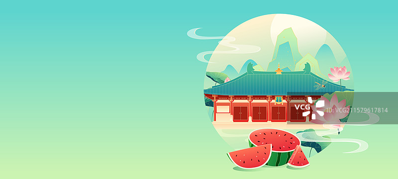 国风节气大暑山西城市建筑矢量插画图片素材
