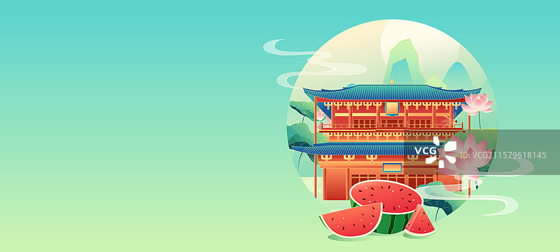 国风节气大暑天津城市建筑矢量插画图片素材
