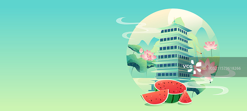 国风节气大暑西安城市建筑矢量插画图片素材