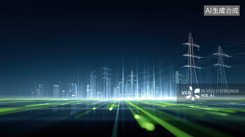 【AI数字艺术】发光架空输电线路铁塔输送绿色清洁能源科技风插画图片素材