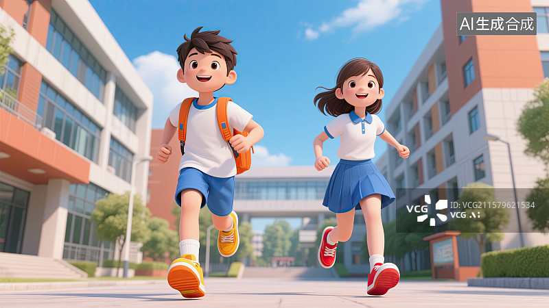 【AI数字艺术】3D，一男一女，学生，开学季，跑插画图片素材