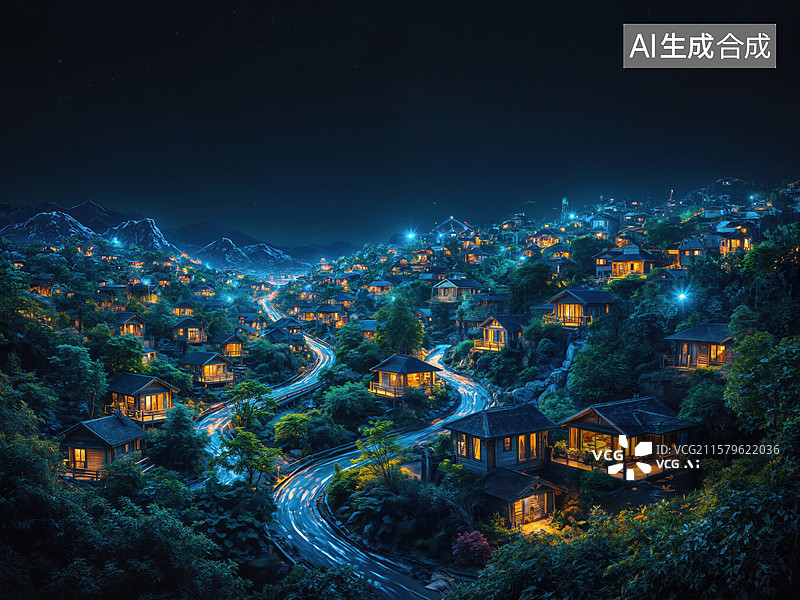 【AI数字艺术】山间夜景灯火图片素材