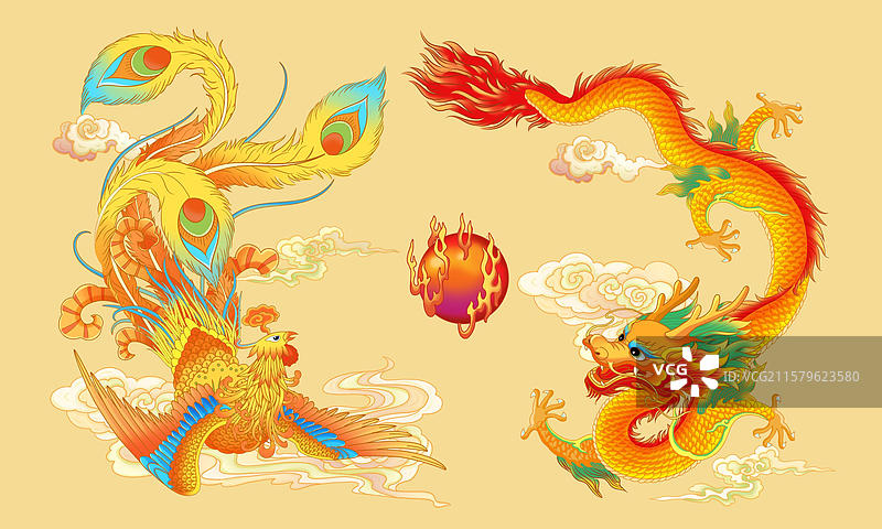 国潮国风手绘插画龙凤呈祥中国龙凤凰图片素材