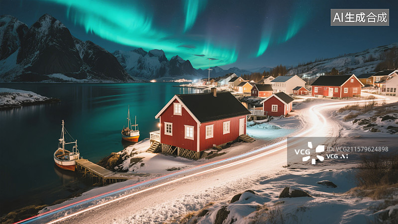 【AI数字艺术】极光下的红色小屋与雪景图片素材