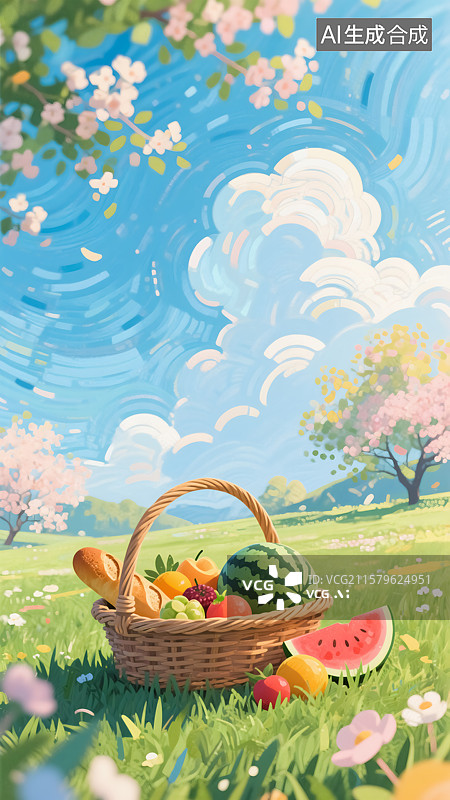 【AI数字艺术】草地上篮子里的西瓜水果面包食物插画图片素材