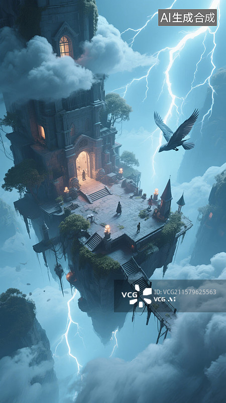 【AI数字艺术】云端古堡，雷电交加图片素材