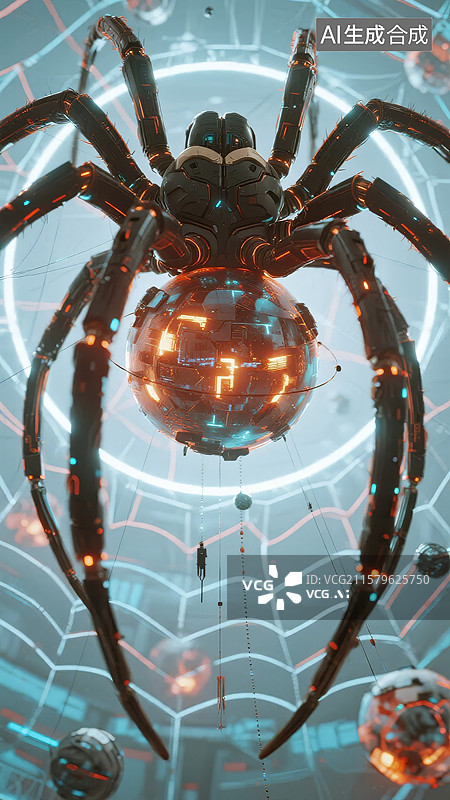 【AI数字艺术】机械蜘蛛在科技网络中的动态展示图片素材