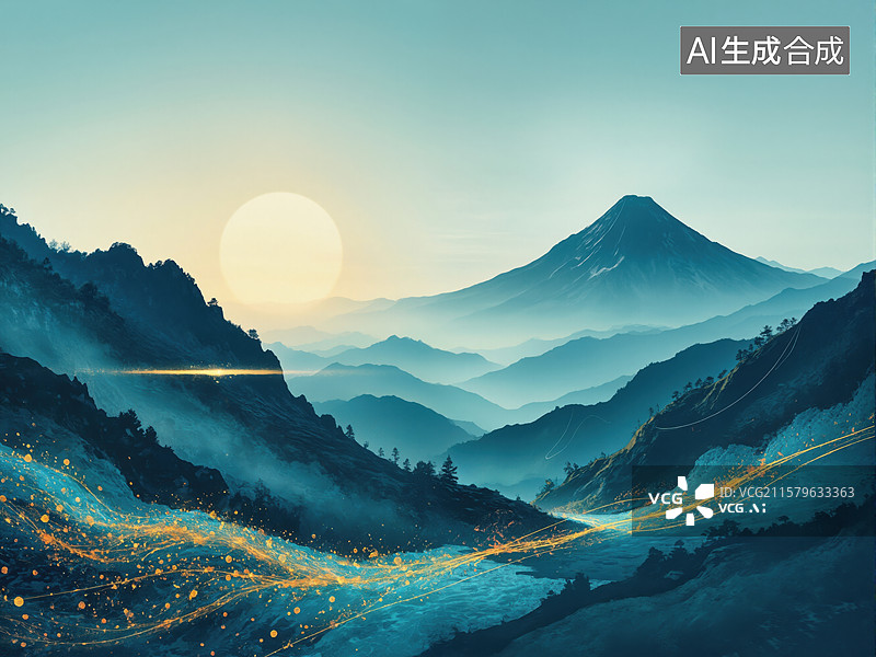 【AI数字艺术】山水晨曦图片素材