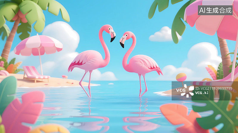 【AI数字艺术】夏天海滩站在水里的火烈鸟3D卡通插画图片素材