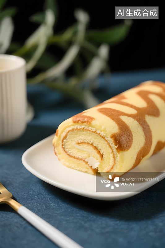 【AI数字艺术】餐桌上的精致的虎皮卷蛋糕图片素材