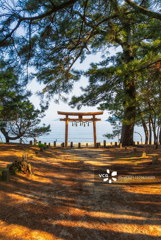 日本福冈县Fukuoka，博多湾，西区，益之松原，壹岐神社第一的鸟居，生之松原海岸森林公园，元寇防垒图片素材