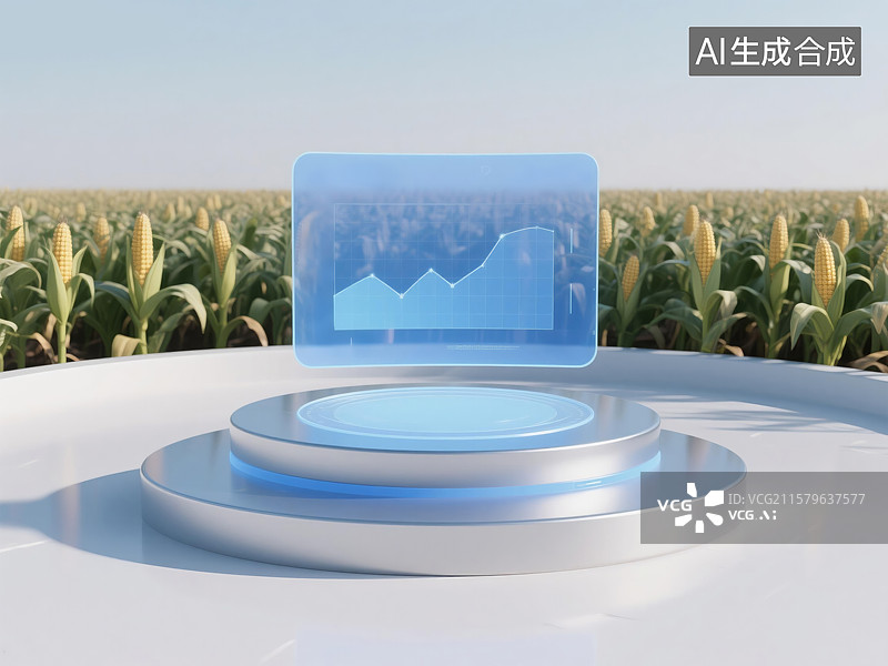 【AI数字艺术】未来派3D插画圆形底座上虚拟全息屏幕分析玉米田科技助力农业金融和可持续能源新质生产力现代商业运营图片素材