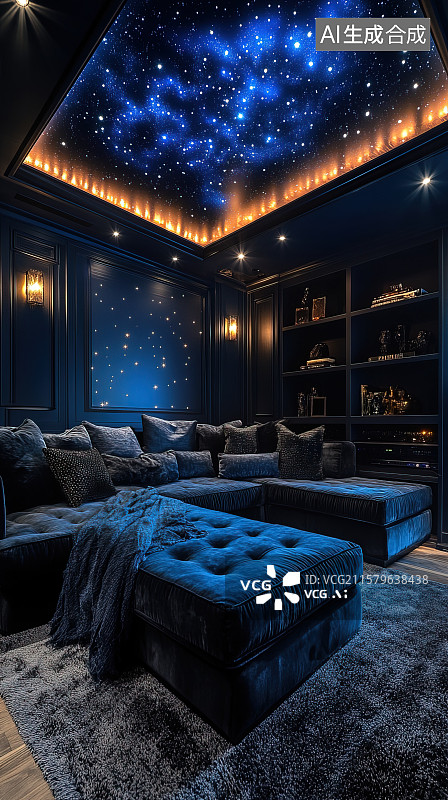 【AI数字艺术】蓝色星空风格影音室家庭影院家居装饰设计图片素材