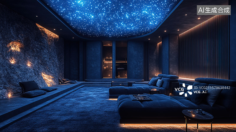 【AI数字艺术】蓝色星空风格影音室家庭影院家居装饰设计图片素材