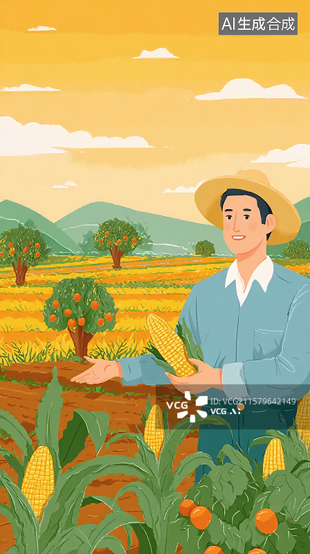 【AI数字艺术】秋分节气，玉米地里成熟的玉米，农民手拿鲜玉米开心的笑着图片素材