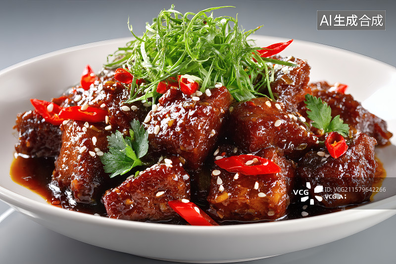 【AI数字艺术】餐盘中一份美味的撒着芝麻的红烧排骨图片素材