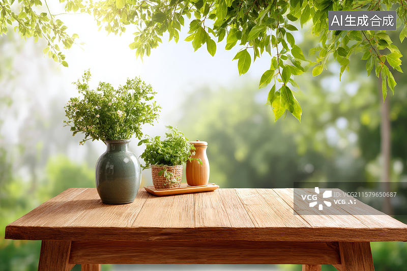 【AI数字艺术】户外木质桌子和植物以及模糊背景图片素材
