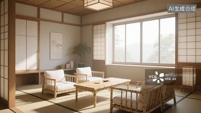 【AI数字艺术】日式客厅设计，简约温馨的室内空间图片素材