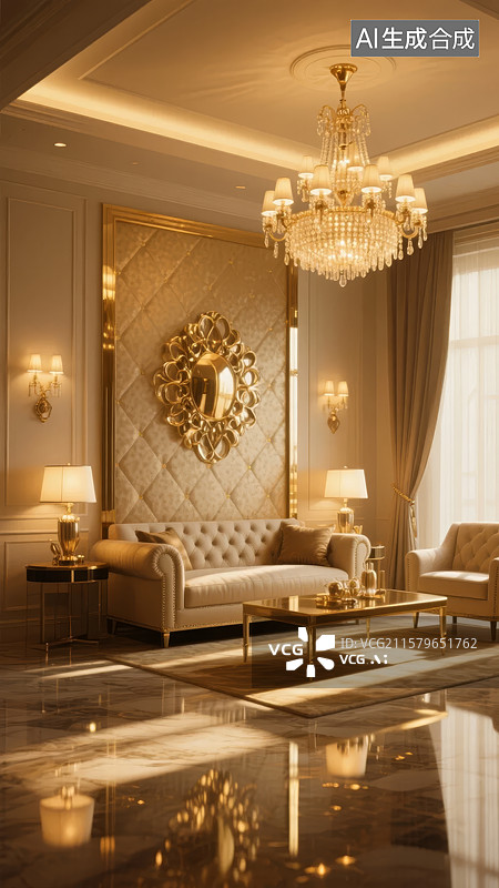 【AI数字艺术】豪华客厅，金色装饰与水晶吊灯图片素材