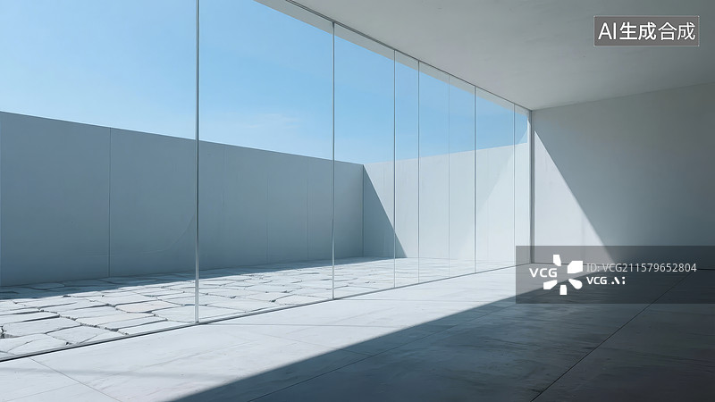 【AI数字艺术】现代建筑室内，大面积玻璃窗与光影效果图片素材