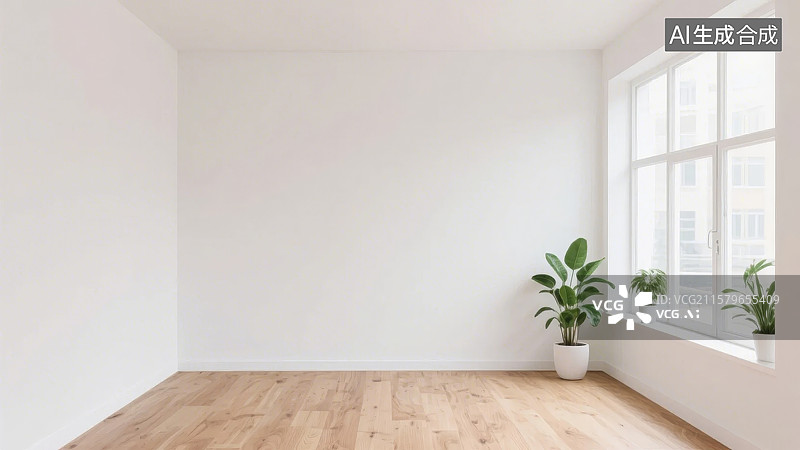 【AI数字艺术】简约室内空间，木质地板与绿植点缀图片素材