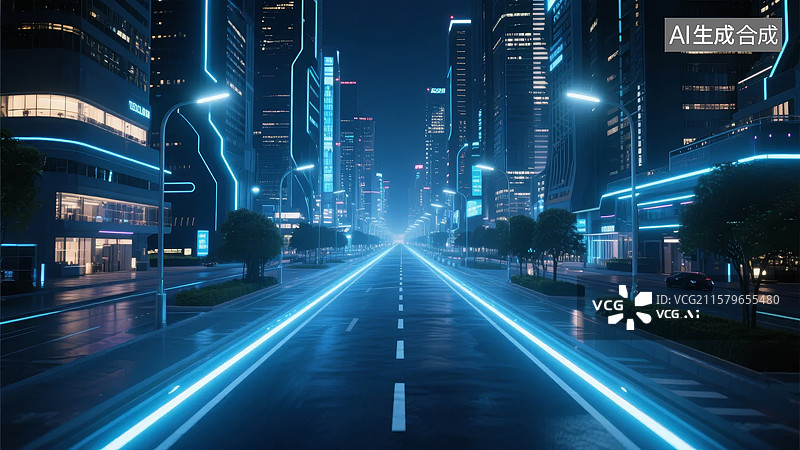 【AI数字艺术】未来城市夜景与光轨道路图片素材